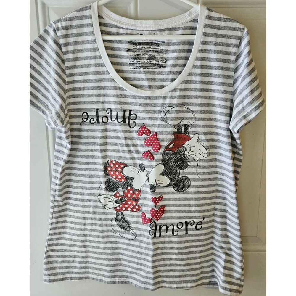 Disney Store Mickey & Minnie Mouse Striped Love Graphic T-Shirt Gray White XL